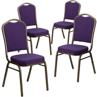 Flash Furniture – Chaise banquet empilable Hercules à dossier couronne avec cadre au fini doré et tissu violet, 4/pqt-Ensemble de 4 chaises de banquet polyvalentes