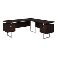 Monarch Specialties - 7305 Bureau 70 po - Espresso Cote Droit Ou Gauche-Bureau d'ordinateur à panneaux épais en forme de L au fini espresso brun foncé avec 3 tiroirs de rangement et 3 pieds en métal au fini argenté