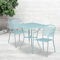 Table de jardin carrée de 28 po en acier bleu ciel et 2 chaises au dossier rond, intérieur/extérieur [CO-28SQ-03CHR2-SKY-GG]-Ensemble comprenant 1 table et 2 chaises