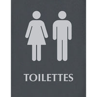 Headline Sign - Affiche « TOILETTES », français-Aspect contemporain - argent sur noir avec pictogrammes et braille  