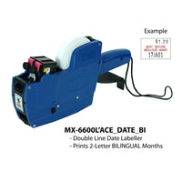 Motex – Pistolet étiqueteur 6600L'ACE, double ligne, 2 lettres, mois, date, bilingue, 10 x 5 x 1 (po)-Étiqueteuse de date 2 lignes : Imprimez les codes du produit et la date