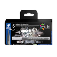 Staedtler - Pinceaux pigmentes d'art, gris, paquet de 6-Pour le lettrage, le dessin et les effets d'ombre faciles à realiser