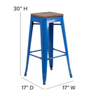 Flash Furniture - Tabouret de bar de 30 po haut en métal bleu sans dossier avec siège carré en bois-Siège en bois d'orme texturé noyer