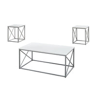 Monarch Specialties - 7951P Ens De Tables - 3Pcs/Blanc/Metal Argent-Cet ensemble de 3 tables pour le salon inclut une table basse et deux tables de bout