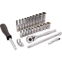 Dynamic Tools – Ensemble de 25 pièces, douilles 6 pans SAE standards/profondes, à prise de 1/4 po, 3/16 po à 9/16 po-Contient : 10 douilles SAE standards : 3/16, 7/32, 1/4, 9/32, 5/16, 11/32, 3/8, 7/16, 1/2, 9/16 (po) ; 10 douilles SAE profondes : 3/16, 7/32, 1/4, 9/32, 5/16, 11/32, 3/8, 7/16, 1/2, 9/16 (po) ; rallonges de 2 po et 6 po, tournevis, joint universel, clé à cliquet chromée 45 dents