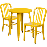 Table ronde de 24 po en métal avec 2 chaises à dossier à lattes verticales, int/ext, jaune [CH-51080TH-2-18VRT-YL-GG]-Table à café en métal