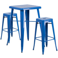 Flash Furniture – Ensemble avec table bistro et 2 tabourets sans dossier, int/ext, métal, bleu (CH31330B230SQBL)-Bleu/métal, plastique, caoutchouc
