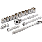 Dynamic Tools – Ensemble de 16 pièces, douilles 6 pans SAE standards, à prise de 3/8 po, 3/8 po à 1 po-Contient (po) : 3/8, 7/16, 1/2, 9/16, 5/8, 11/16, 3/4, 13/16, 7/8, 15/16 ; rallonges de 3 po et 6 po ; joint universel, poignée articulée de 8 po, clé à cliquet chromée 45 dents 