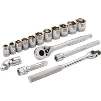 Dynamic Tools – Ensemble de 16 pièces, douilles 6 pans SAE standards, à prise de 3/8 po, 3/8 po à 1 po-Contient (po) : 3/8, 7/16, 1/2, 9/16, 5/8, 11/16, 3/4, 13/16, 7/8, 15/16 ; rallonges de 3 po et 6 po ; joint universel, poignée articulée de 8 po, clé à cliquet chromée 45 dents 