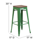 Flash Furniture - Tabouret de bar de 30 po haut en métal vert sans dossier avec siège carré en bois-Siège en bois d'orme texturé noyer