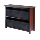 Winsome – Étagère de rangement W Verona à 2 sections avec 6 paniers pliables noirs en tissu, noyer antique-Cette tablette de rangement comprend 6 paniers pliables noirs en tissu.