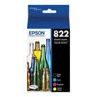 Cartouche d'encre originale Epson T822 - Combo Pack - CMJN - Jet d'encre - Rendement standard-Le pack combiné noir et couleur de capacité standard T822 d'Epson vous fournit quatre cartouches d'encre de capacité standard pour le cyan, le magenta, le jaune et le noir. Ils sont compatibles avec les imprimantes WorkForce Pro WF-3820, WF-4820 et WF-4839. La cartouche noire est conçue pour produire environ 350 pages, et les cartouches cyan, magenta et jaune sont conçues pour produire environ 240 pages. De plus, c