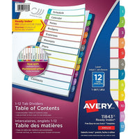 Avery − Intercalaires Ready Index 1 à 12 avec table des matières pour imprimantes laser et jet d’encre − 12 onglets − multicolores-Couleurs vives et onglets arrondis, pour une allure chic et contemporaine.