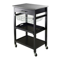 Winsome Julia – Chariot utilitaire, noir-Le chariot de Julia comprend un dessus en granite facile à nettoyer et de nombreuses fonctions.  Le chariot comprend un tiroir, un panier en métal pliable, un plateau de service amovible, une tablette fixe dans le bas et est offert sur roulettes pour plus de mobilité.  La taille globale du chariot est 34,13 po de haut. x 22,68 larg. x 16,06 prof. La taille du dessus du granite est de 22,68 larg. x 15,75 prof. Le tiroir intérieur est de 2,4 po haut. x 17.80 larg. x 12
