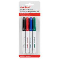 Staples - Marqueurs à effacement sec − Pointe fine − Couleurs variées − Paquet de 4-Parfaits pour l'utilisation sur les tableaux blancs, le verre et d'autres matériaux non poreux