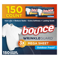 Bounce - WrinkleGuard Feuilles Assouplissantes - Fraîcheur De Grand Air - Paquet de 150-Profitez D'Une Prévention Accrue Des Plis. 3 Fois Plus D'Ingrédients Pour Combattre Les Plis Que Les Feuilles Bounce Ordinaires