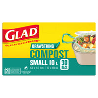 Glad - Petits Sacs compostables à cordon coulissant - non parfumés - 10 L - Paquet de 30-100% Compostables: Ces sacs sont certifiés compostables par les organismes de normalisation industrielle BPI et BNQ, et sont conformes aux exigences des programmes municipaux de compostage ainsi qu'à la norme ASTM D6400
