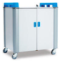 Chariot Mobile de Rechargement AC pour 32 appareils - pour les ordinateurs portables et les Chromebooks mesurant jusqu’à 17"-Gris et bleu. Cadre en acier robuste avec revêtement MFC solide
