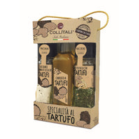 Coffret - cadeau spécialités italiennes à la truffe Collitali-Ce coffret cadeau de truffes comprend du sel gemme de Sicile à la truffe, de l'huile d'olive extra vierge infusée à la truffe et un mélange de truffes pour spaghetti.