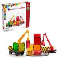 Magna-Tiles - Constructeur Ensemble De Construction Magnétique De 32 pièces, La Marque De Construction Magnétique Originale-Ce Qui Est Inclus:  10 carrés de route, 4 cercles de quart de route, 6 petits carrés, 8 petits rectangles (4 briques, 4 mises en garde), 1 spinner, 1 châssis de voiture, 2 grues extensibles