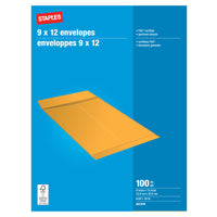 Staples - Enveloppes kraft pour catalogue avec rabats gommés, 9 x 12 po, 24 lb, brun, paquet de 100-Idéales pour l'envoi de catalogues, livrets, brochures et documents de plusieurs pages
