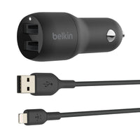 Chargeur de voiture double USB-A 24 W plus câble 90 cm Belkin-Alimentés par une seule prise dans votre voiture, les deux ports permettent de charger deux appareils en même temps