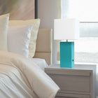 Élégante Conception Lampe de table moderne en cuir avec USB et abat-jour en tissu blanc, sarcelle-10" x 6" x 21"