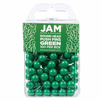 JAM PAPER - Punaises Colorees, Punaises Carte à Tête Ronde, Vert, Paquet de 100-Punaises en plastique