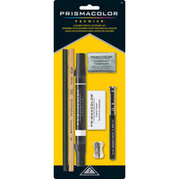 Ensemble de 7 accessoires pour crayons à colorier de Primacolor, Paquet de 7 (3750)-Comprend : un crayon mélangeur incolore, un marqueur mélangeur double pointe incolore, un crayon à dessin ébène au graphite, une rallonge de crayon, une gomme à effacer à fusain, une gomme en plastique et un taille-crayon en métal