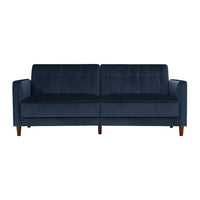 Futon Pin Tufted Transitional - Velours Bleu-Design rétro avec un revêtement en velours doux