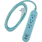Staples - Rallonge tressée à 3 prises de courant de 6 pi avec 2 ports USB, bleu clair-Cordon en tissu chiné tissé de 6 pi