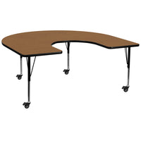 Flash Furniture – Table mobile préscolaire fer à cheval, hauteur ajustable, surface 60 x 66 po, chêne (XUA6066HRSOKTPC)-Chêne/fini chromé, placage en stratifié, acier