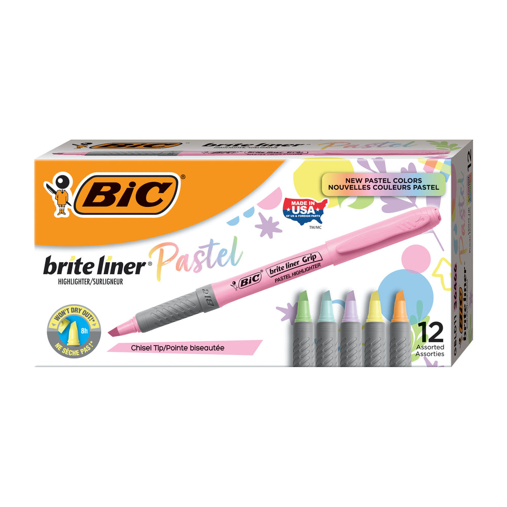 BIC - Brite Liner Grip Surligneurs Pastel - Couleurs Variées - Paquet de 12