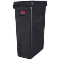 Conteneur à déchets ventilé Rubbermaid Commercial Slim Jim, 87,1 L, noir-Les 4 cordons de serrage du sac fixent les sacs autour du bord du conteneur et permettent un changement de sac rapide et sans nœud.
