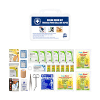 Trousse de salle de pause-• 2 Paires de gants jetables• 1 Guide de secours de poche, bilingue• 1 Dispositif de premiers soins-RCR pour secouriste, usage unique• 80 Assortiment de pansement en plastique• 1 Compresse froide instantanée, petite• 12 Serviettes antiseptiques au chlorure de benzalkonium• 6 Pansements de gaze, 7,5 x 7,5cm• 3 Bandage pour brûlures, Cool Blaze, 10 x 10cm• 6 Sachet de gel Cool Blaze 1/8 oz• 1 Bandage auto-adhésif, 7,5cm x 4,5 m• 1 Ruban en toile, 1,25cm x 4,5m• 1 Ciseaux à pansements