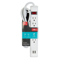Globe - Quatre prises de 3 pi avec barre d'alimentation à 2 ports USB, blanc (78087)-Le moyen sûr et pratique de gérer vos prises
