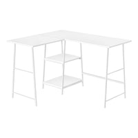 Monarch Specialties - 7596 Bureau 48 po L - Dessus Blanc De Coin/Metal Blanc-Bureau d'ordinateur de style industriel avec 2 étagères fixes et ouvertes supporté par une base de style chevalet en métal blanc