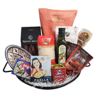 Dolce & Gourmando Panier Cadeau Paella-Comprend un poêle à paella, assaisonnement naturel pour paella avec safran, huile d'olive extra vierge (250 ml), riz espagnol (500 g), olives espagnoles, chorizo ??Bellota, sardines espagnoles, croustilles de pommes de terre à saveur de jambon, mélange de sangria et tranches d'orange.