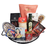 Dolce & Gourmando Panier Cadeau Paella-Comprend un poêle à paella, assaisonnement naturel pour paella avec safran, huile d'olive extra vierge (250 ml), riz espagnol (500 g), olives espagnoles, chorizo ??Bellota, sardines espagnoles, croustilles de pommes de terre à saveur de jambon, mélange de sangria et tranches d'orange.