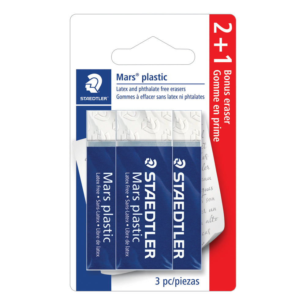 Staedtler Mars - Plastic Premium Gomme - Blanc - 2 + 1 Pack bonus