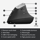 Logitech - Souris sans fil MX Vertical ergonomique - graphite-3 modes de connexion : Connectez MX Vertical à l'aide du câble de charge USB C fourni, d'un récepteur Logitech Unifying ou via Bluetooth