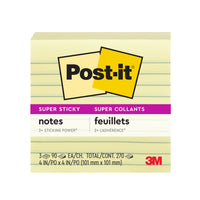 Post-it - Feuillets super collants jaune canari, 4 po x 4 po, lignés, paq./3 blocs, 270 feuilles-Technologie adhésive révolutionnaire pour assurer que vos feuillets collent partout  