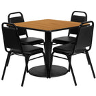 Flash Furniture – Table carrée de 36 po au dessus stratifié naturel avec base ronde et 4 chaises noires à dossier trapézoïdal-Armature de chaise et de table thermolaquée noire