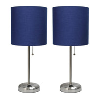 LimeLights - Lampe bâton en acier brossé avec prise de charge et abat-jour en tissu, paquet de 2, bleu marine-Ensemble de lampes avec 2 lampes de table