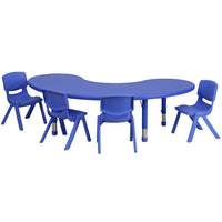 Flash Furniture – Ensemble avec table d’activités demi-lune réglable de 35 x 65 po et 4 chaises d’école empilables, bleu-Ensemble de table multi-usages pour enfants