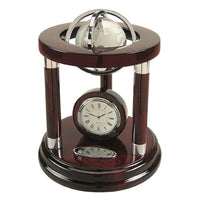 Elegance – Horloge et globe Galaxy de 8 po-Le riche fini lustré de la base en acajou comprend des détails argentés.