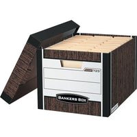 Bankers Box R-Kive Lettre/Légal Boîte de rangement à usage intensif, Aspect bois, paquet de 4-Parois à double épaisseur sur la longueur, à triple épaisseur sur la largeur et avec un double fond pour résister aux manipulations fréquentes.