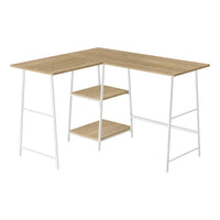 Monarch Specialties - 7597 Bureau 48 po L - Dessus Naturel De Coin/Metal Blanc-Bureau d'ordinateur de style industriel avec 2 étagères fixes et ouvertes supporté par une base de style chevalet en métal blanc