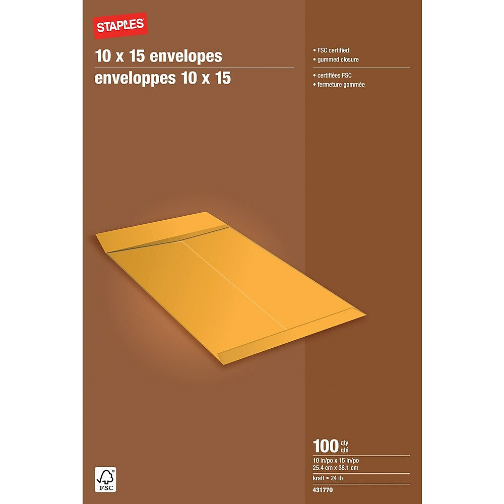Staples - Enveloppes kraft pour catalogue avec rabats gommés, 10 x 15 po,  24 lb, brun, paquet de 100