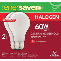 Globe - Ampoules Enersaver A19 à halogène, 43 W, blanc doux, paq./2-Ces ampoules vous économisent de l'argent en vous offrant jusqu'à 33 % d'économies par rapport aux ampoules à incandescence